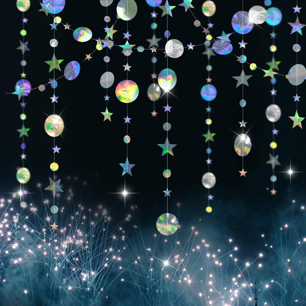 Cheerland Iridescent Party Decorations Holographic Star Garland Hanging Stars Moon Streamer Galaxy Birthday Decoration Ramadan Eid Banner Baby Shower Backdrop Space Alien Celestial Party Decor