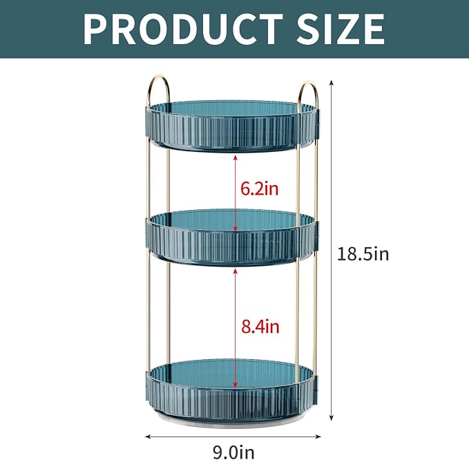 INVSSENE 360° Rotating Makeup Organizer, Bathroom Organizers and Storage Holder Rack, Large Capacity Vanity Shelf Countertop, Fits Cosmetics, Perfume, Skin Care(Blue, 3 Tiers)