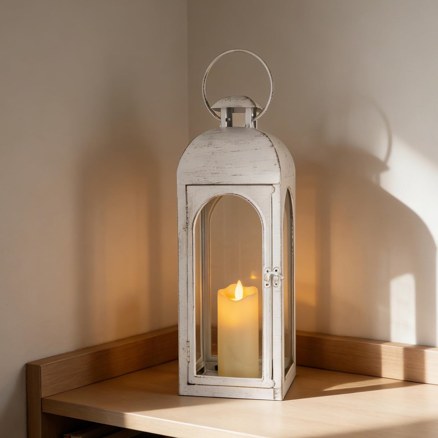 Damsico Lantern Decorative Indoor & Outdoor, Large Hanging Candle Lanterns, Metal Decorative Candle Lanterns, Waterproof Hanging Lantern for Porch Patio Wedding Home (White)
