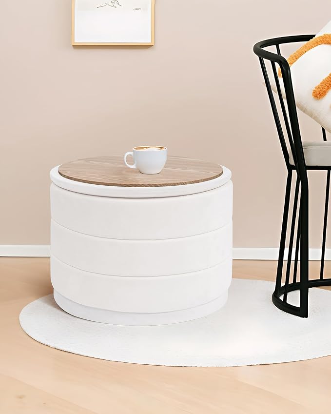 B FSOBEIIALEO Round Velvet Storage Ottoman with Tray, Folding Ottoman with Storage Coffee Table Foot Rest for Dorm Room, Living Room White, 22.83"x22.83"x17.32"
