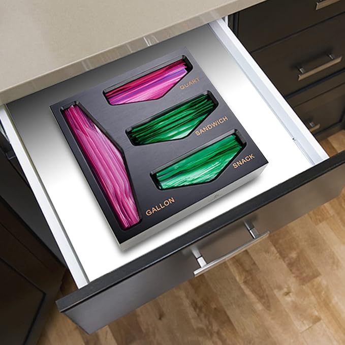 Bamboo Bag Storage Organizer for Kitchen Drawer, Baggie organizer, Compatible with Gallon, Quart, Sandwich and Snack Variety Size Bags (Black)