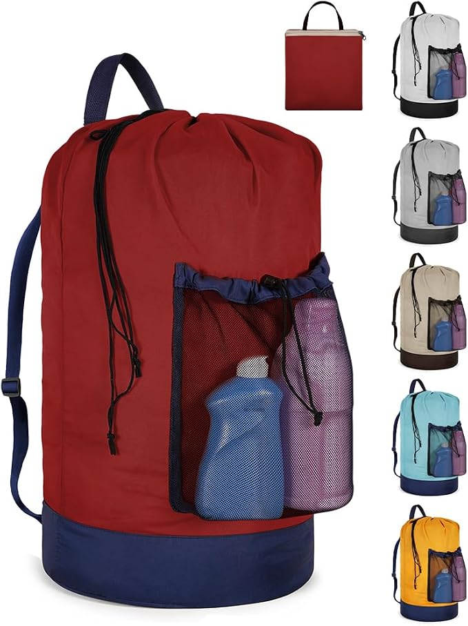 Laundry Bag with Shoulder Straps and Mesh Pocket Laundry Backpack Large Portable Laundry Hamper for College Laundromat Apartment