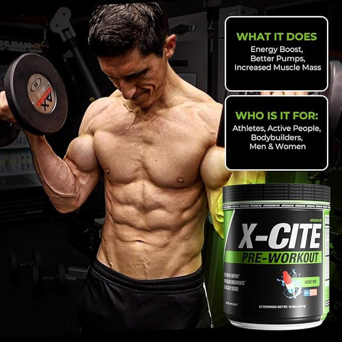 X-CITE Pre-Workout by ATHLEAN-X - Enhanced Formula with Beta-Alanine, Creatine & Caffeine for Ultimate Energy, Endurance, Focus & Muscle Pump, NSF Certified for Sports (22 Servings, Rocket Pop)