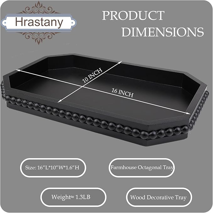 Hrastany Wood Rustic Serving Tray with Beads, Farmhouse Black Decorative Tray for Table Centerpiece, Christmas Wedding Halloween Home Decor