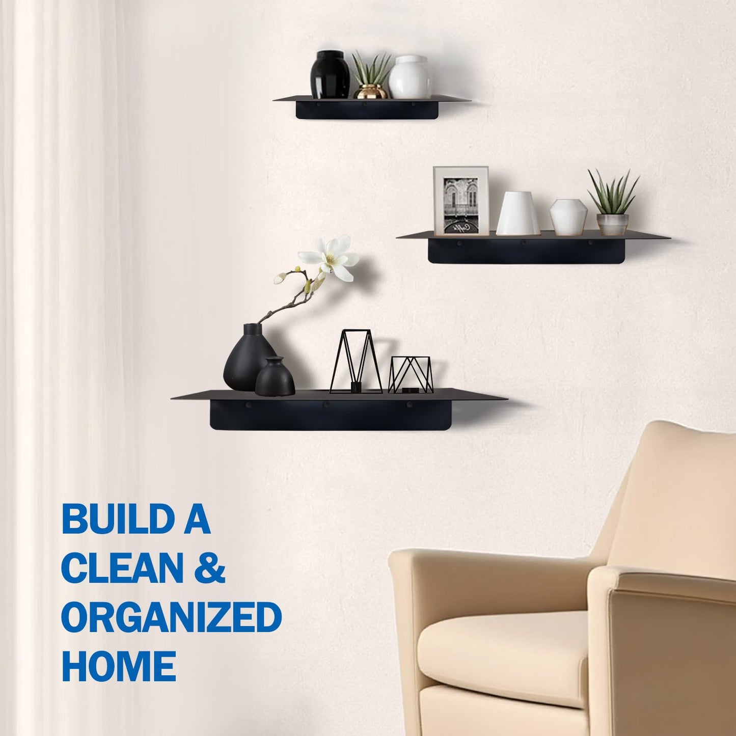 MZDMY Steel Floating Shelves for Wall,Small Wall Shelf，Bookshelf Living Room Bedroom Home Office Bathroom，Little Mini Tiny Display Hanging Shelves for Books/Storage/Room Decor (Black 9.06x6.5in)