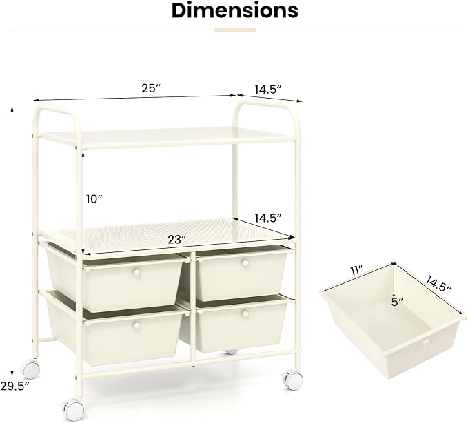 Giantex Rolling Storage Cart w/ 4 Drawers 2 Shelves Metal Rack Shelf Home Office School Beauty Salon Utility Organizer Cart with Wheels, Ivory