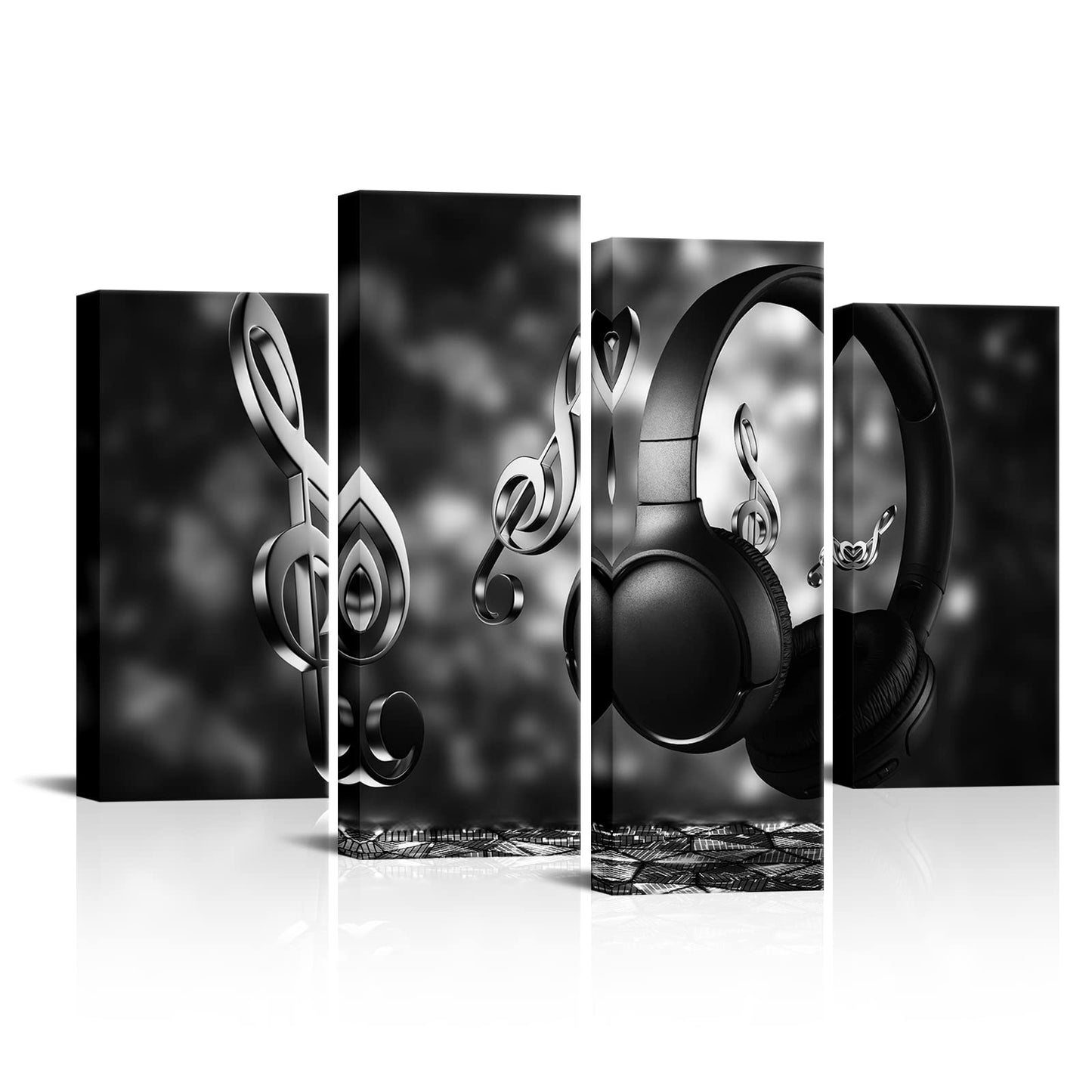 4 Panels Wireless Headphones Canvas Wall Art Black and White Notes Pictures Painting HD Earphones Photo Posters for Modern Music Room Studio Walls Decor Stretched and Framed Ready to Hang