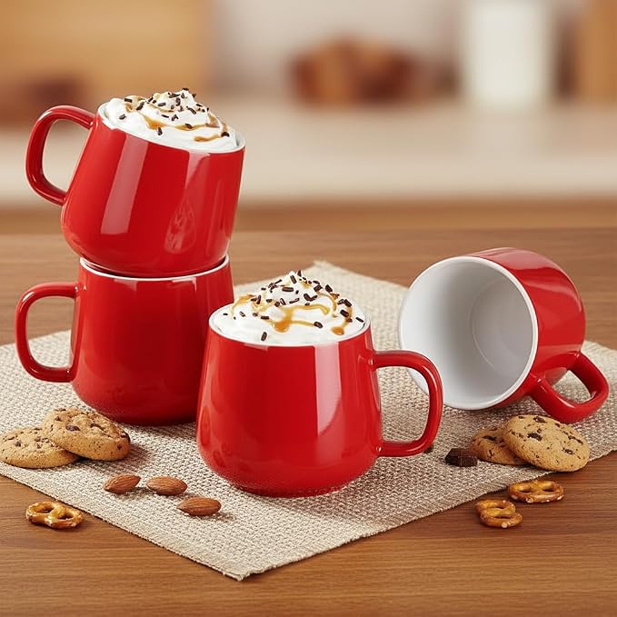 Teocera Coffee Mugs Set of 6-12oz Chip-Resistant Ceramic Cups with Ergonomic Handle | Dishwasher & Microwave Safe Red Mugs | Keeps Beverage Hot, Perfect for Family Kitchen & Holiday Gifts