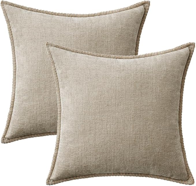MIULEE Pack of 2 Couch Throw Pillow Covers 20x20 Inch Light Taupe Farmhouse Decorative Pillow Covers with Stitched Edge Soft Chenille Solid Dyed Spring Pillow Covers for Sofa Bed Living Room