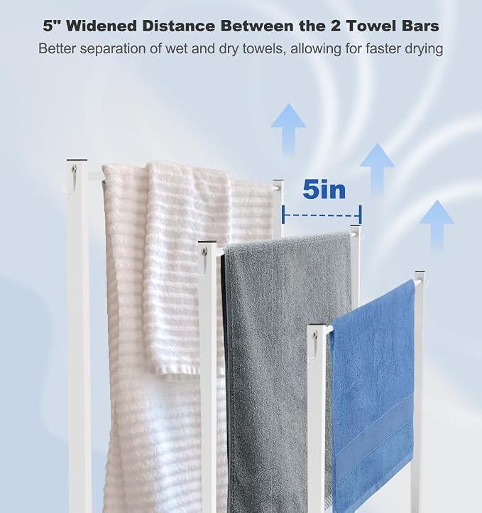 Extra Large Free Standing Towel Rack with Metal Storage Shelf & 6 Hooks for Bathroom, 3 Tiers Heavy Duty Blanket Drying Stand Holder for Outdoor Pool, Bedroom, Living Room, White