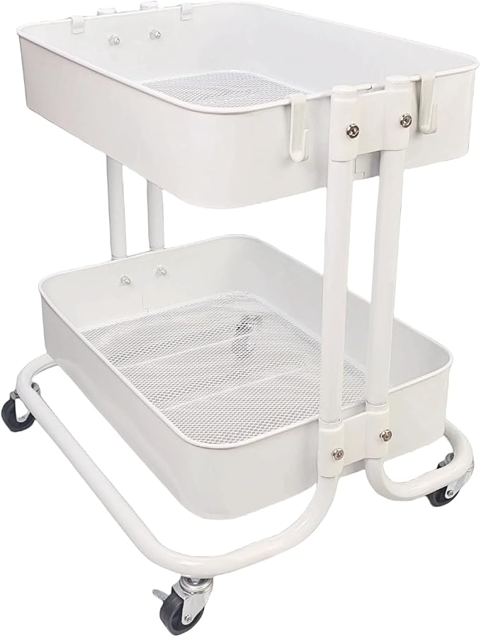 2 Tier Under Desk Storage Cart with Wheels Heavy Duty Metal Short Rolling Pantry Storage Cart for Small Space, Utility Trolley for Kitchen Bathroom Laundry Cute Snack Craft Organizer, White