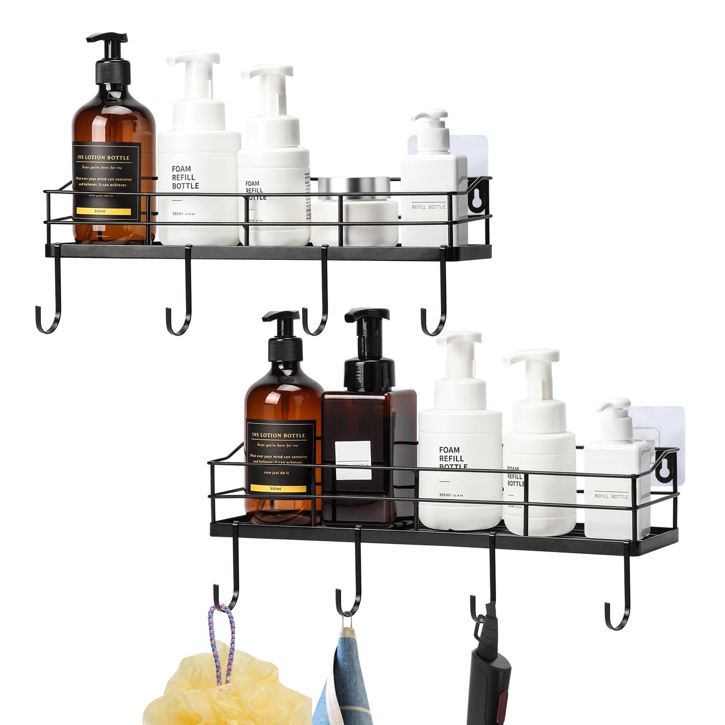 Lyeasw Black Floating Shelves Wall Mounted with 8 Removable Hanging Hooks, 15-Inch Adhesive Shower Shelf Organizer for Bathroom Kitchen Storage Rack, Set of 2