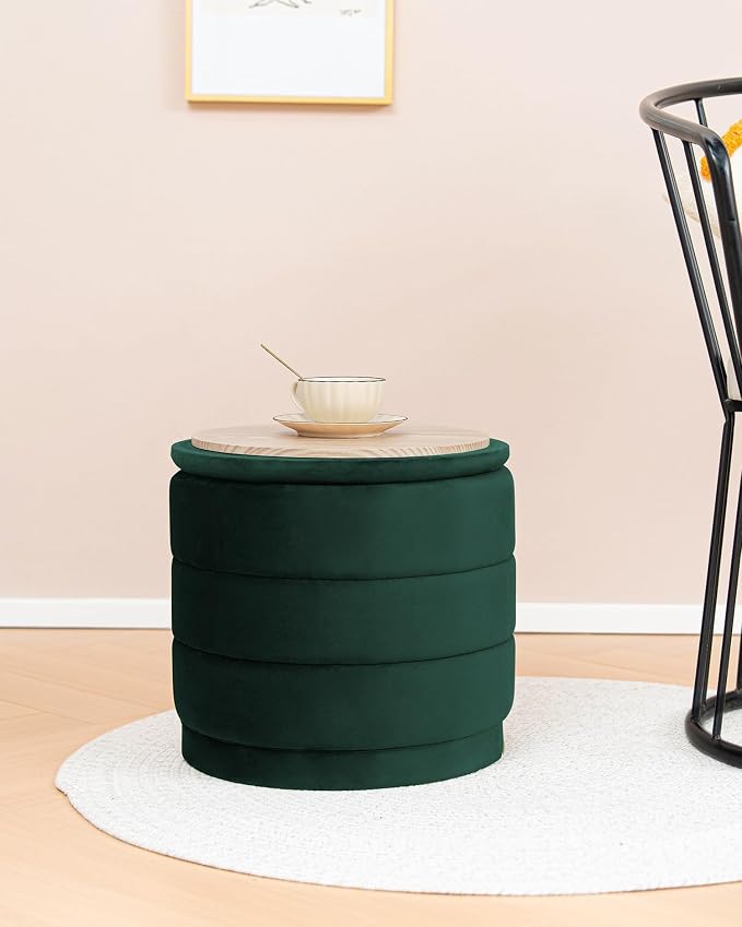 B FSOBEIIALEO Round Velvet Storage Ottoman with Tray, Folding Ottoman with Storage Coffee Table Foot Rest for Dorm Room, Living Room Bottle Green, 15.35"x15.35"x14.57"