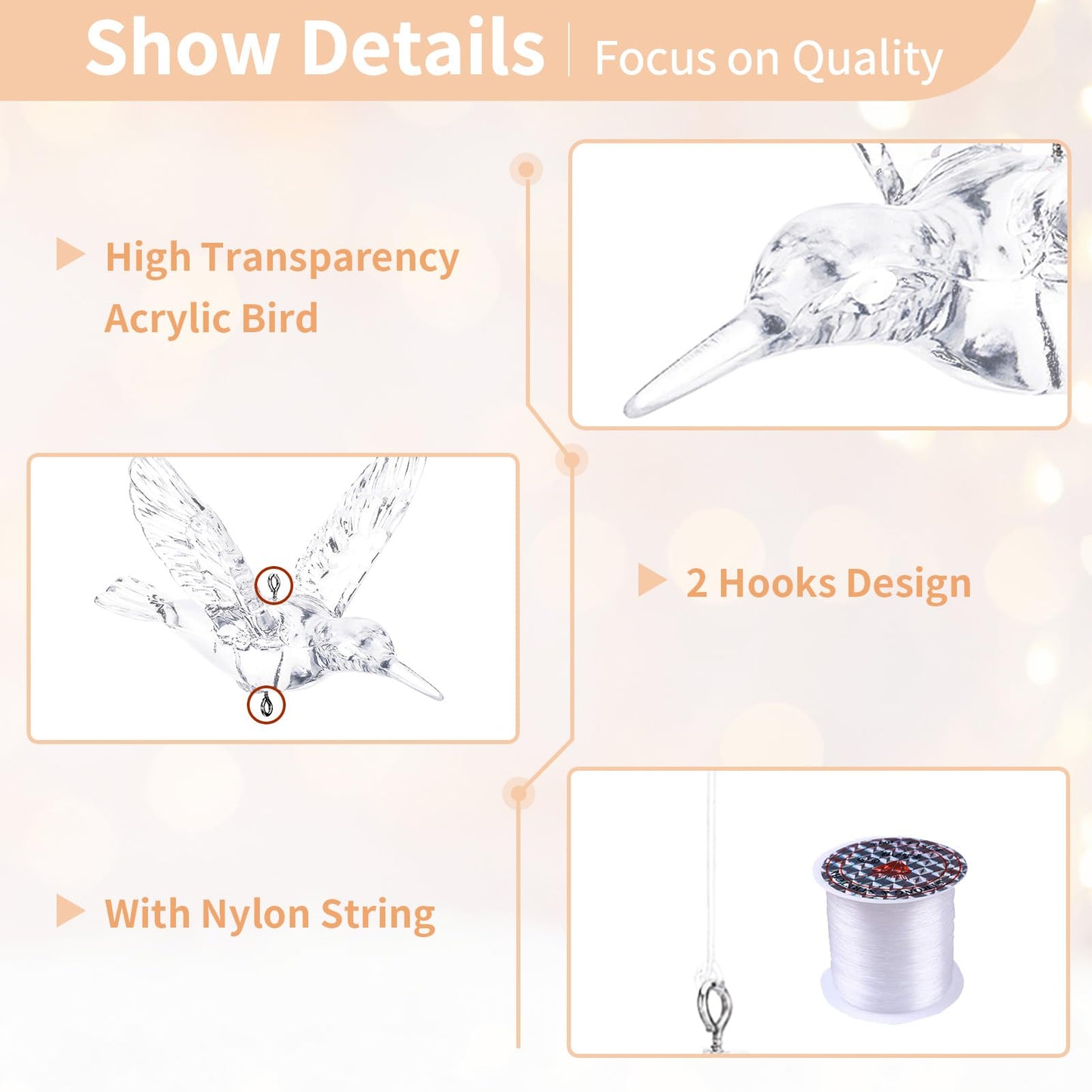 NUPTIO Crystal Ceiling Hanging Ornaments: 50 Pcs Acrylic Flying Birds for Wedding Party Window Garden Bedroom Outdoor Birthday - Christmas Tree Decorations with Transparent Line