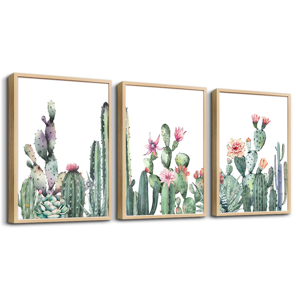 Natural Wood Framed Wall Art For Living Room & Bedroom Decor - Green Succulent Cactus Paintings - 3 Piece Framed Art Prints