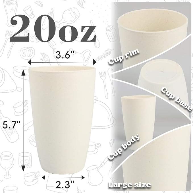 SINOGE Drinking Glasses Wheat Straw Cups 20 OZ PlasticTumbler Large Capacity Cups | Set of 6 | Reusable Plastic Tumbler Dishwasher Safe Water Glasses Drinking Cups for Kitchen - Beige