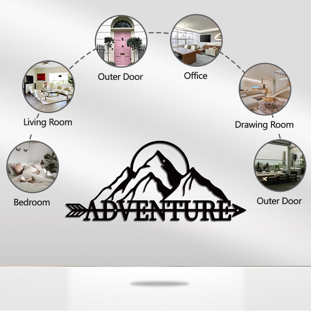 WADORN Metal Mountains Wall Art Decor, Mountains Adventure Metal Wall Art Hanging Decor Signs Adventure Word Wall Sculpture Statues Decor for Home Bedroom Bathroom Office, 6.6x14.9 Inch