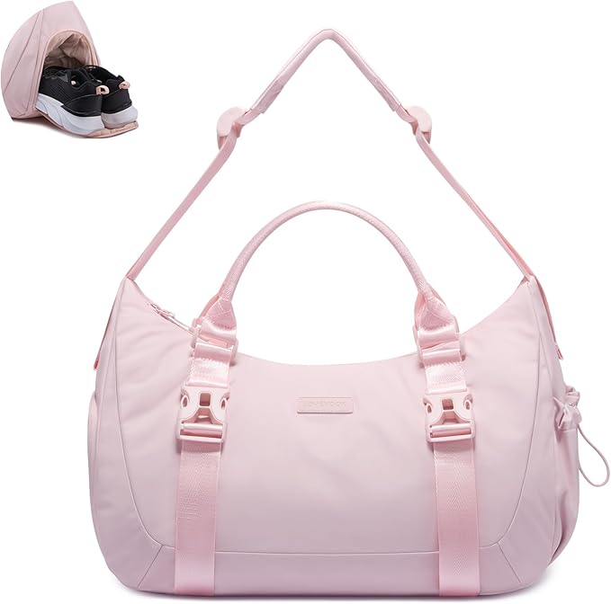 LOVEVOOK Gym Bag for Women Men, duffle bag for travel with shoe compartment, Small Gym Tote Dry Wet Separation, Multipurpose Weekender Overnight Bag, Lightweight Carry On Bag, Light pink