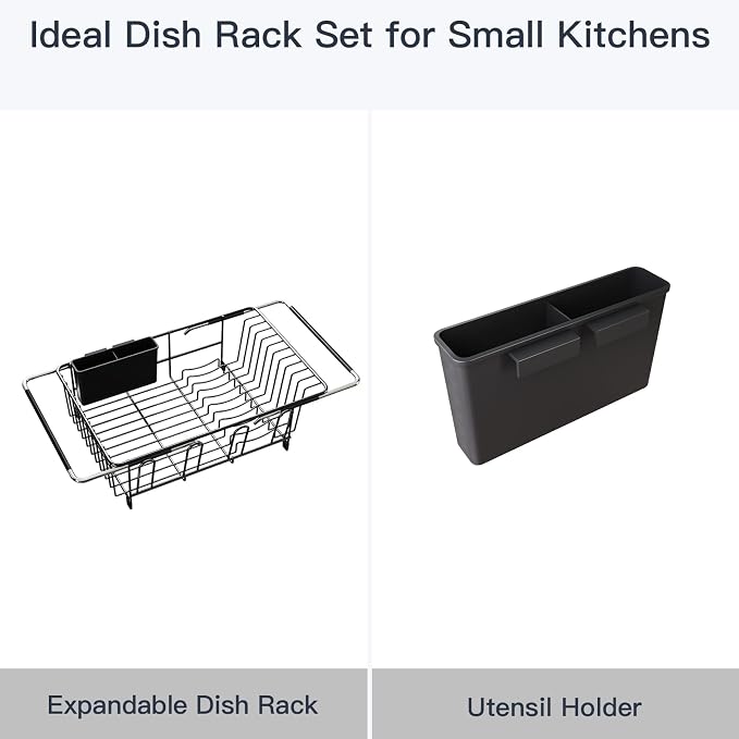 MAJALiS Dish Drying Rack Over The Sink with Utensil Holder | Expandable Stainless Steel Dish Drainer for Small Kitchen, Apartment, RV, Counter Space Saving, Perfect Fit, Rustproof