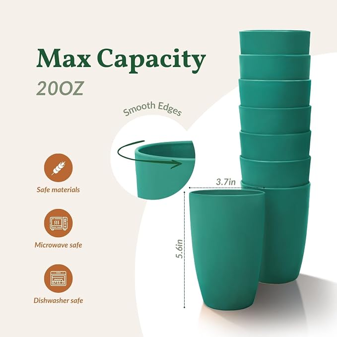 Homienly Plastic Cups Reusable 8 PCS Wheat Straw Cups a Good Alternative Drinking Glasses Cup Plastic Glasses Unbreakable Reusable Dishwasher Safe Cup Microwave Safe Cups with Green Color (20 OZ)