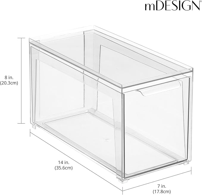 mDesign Plastic Stackable Bathroom Storage Organizer Bin Containers with Front Pull Drawer for Bathroom Countertop, Vanity, Closet Shelves - Holder for Accessories - Lumiere Collection, 2 Pack, Clear