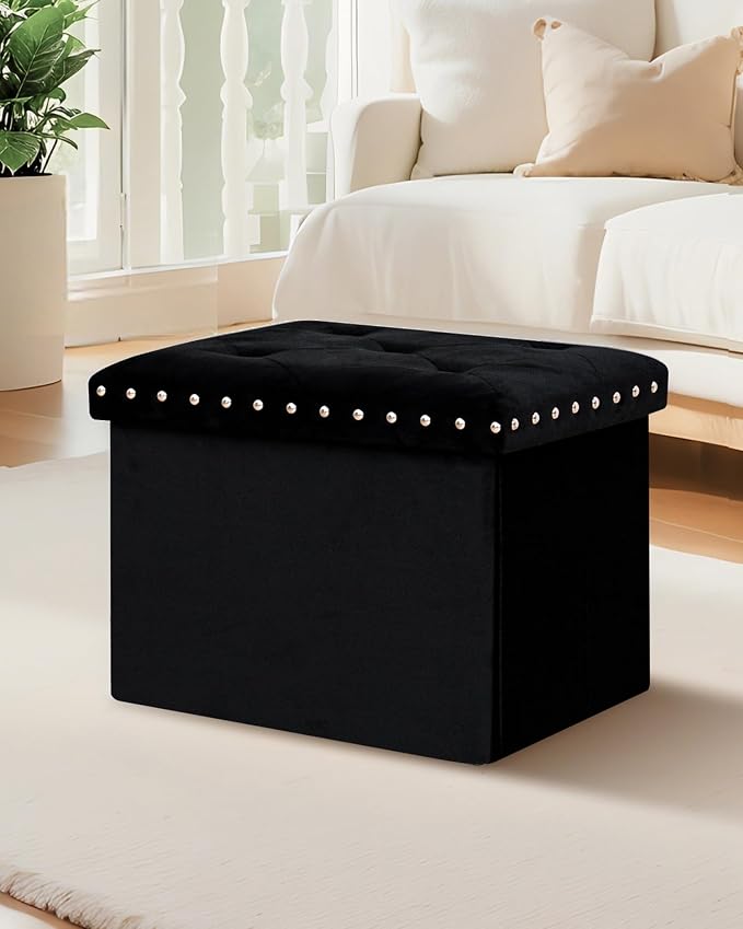 B FSOBEIIALEO Storage Ottoman Cube Folding Tufted Ottomans, Storage Boxes Footrest for Bedroom, Luxury Velvet Fabric 16.5 * 12.6 * 12.6 Inches Black