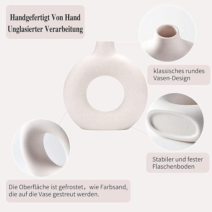 White Ceramic Donut Vase Set of 2, Hollow Matte Pampas Flower Vases for Boho Home Wedding Party Room Dinner Table Shelf Decor.（White）