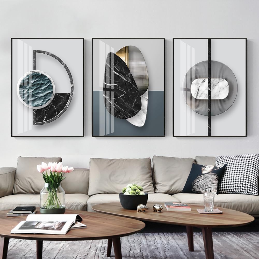 QKF 3 Pieces Modern Funky Wall Art For Living Room Geometry For Home Decoration Pictures Dark On Abstract Canvas Print Paintings Bedroom Bathroom Office Posters & Prints (Medium Size 16x24inch)