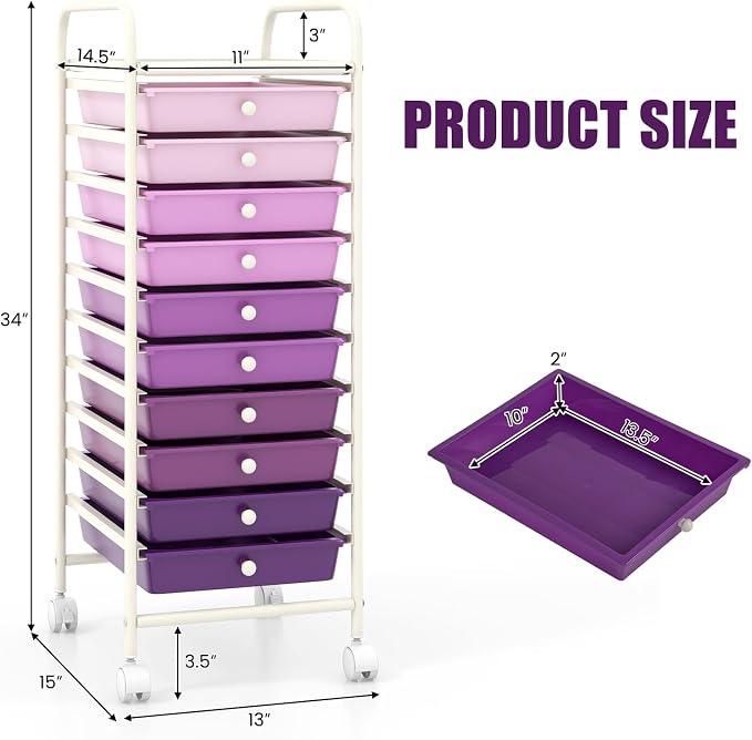 MEDIMALL 10 Drawers Rolling Storage Cart, Multipurpose Craft Storage Cart with Wheels, Mobile Tools Scrapbook Paper Organizer Cart for Office School Home Use