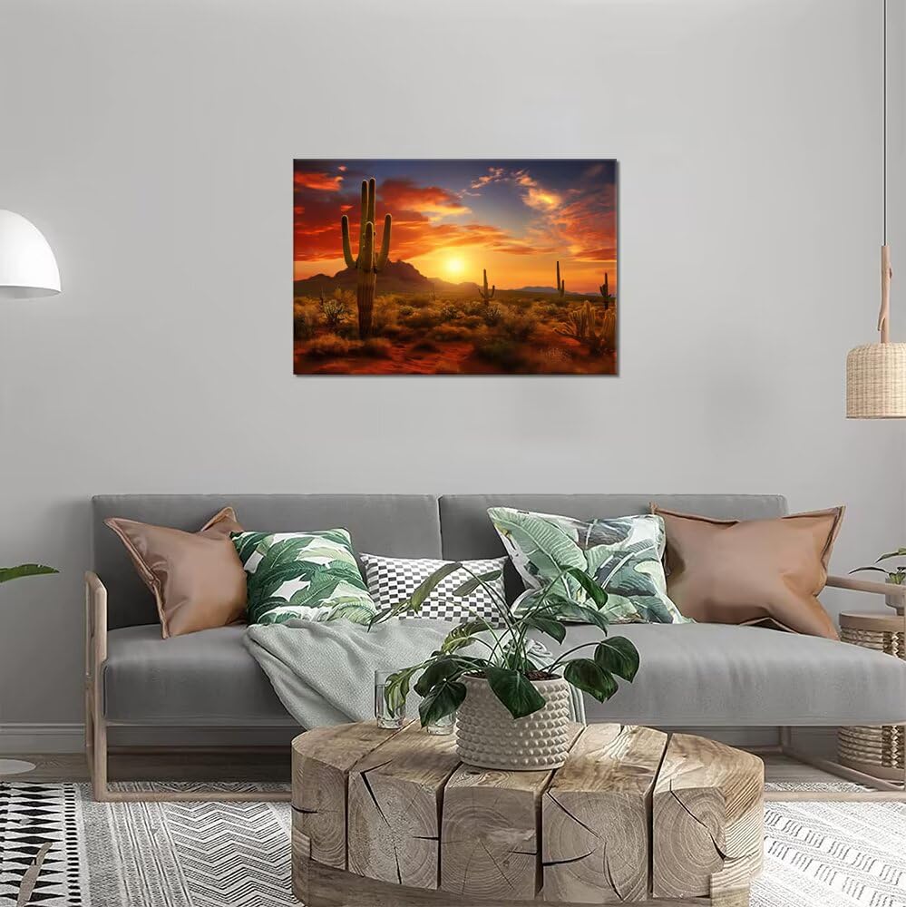 HJY Art Superstition Mountains Sunset Canvas Wall Art Arizona Western Desert Cactus Wall Decor Nature Landscape Pictures Wall Artworks Posters for Living Room Home Decorations (24''H x 36''W)