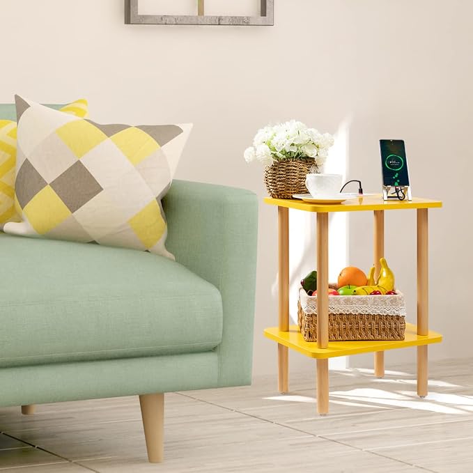 FORAOFUR Side Table, End Table with Charging Station, Small Bedside Table Side Table for Any Spaces, Minimalist Small End Table Living Room, Bedroom & Office with Two-Tier Open Storage
