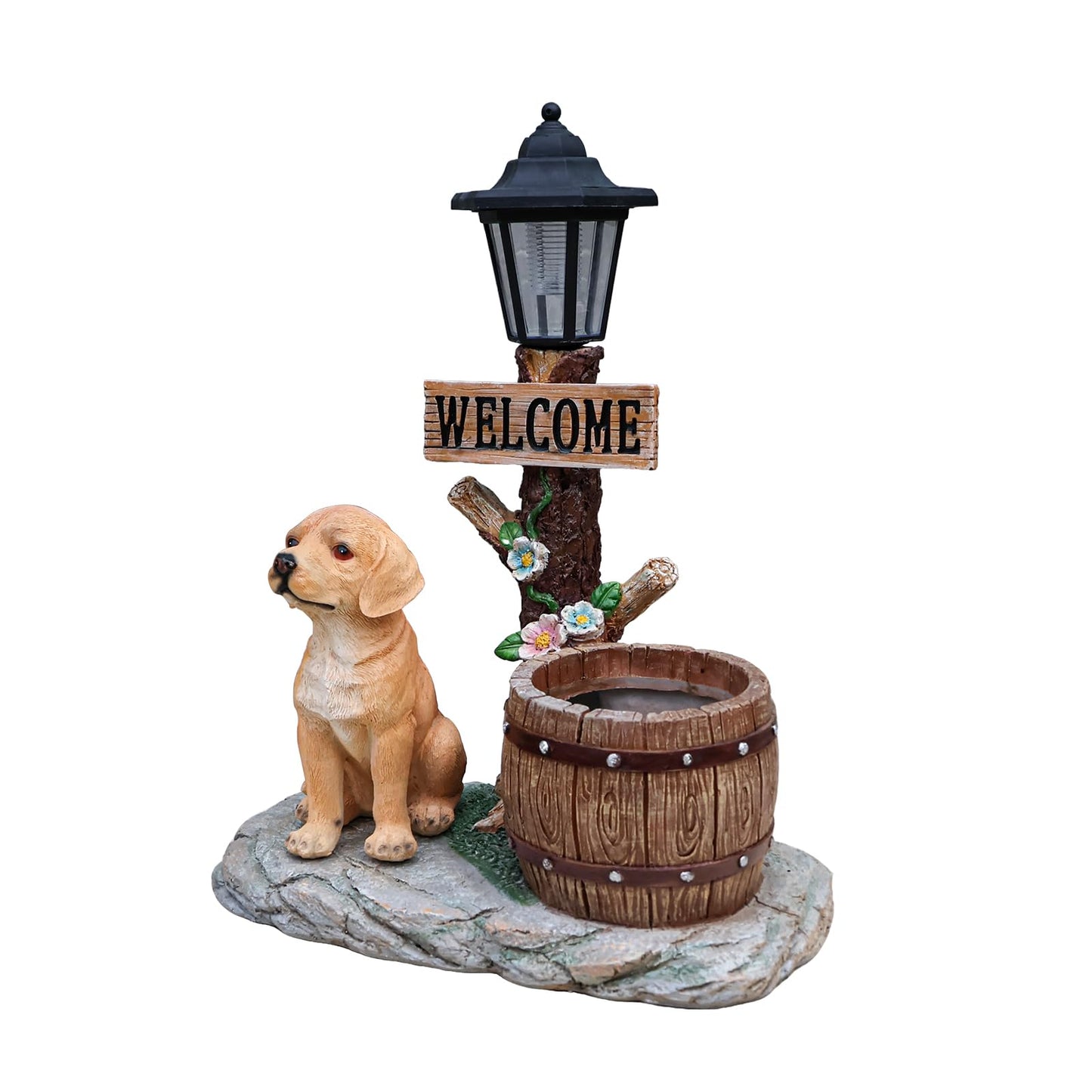 UNOIRNM Golden Retriever Puppy Garden Statue - with Solar Light and Wood Barrel Planter, 18.5" Tall Welcome Dog Figurine for Lawn Decor, 9.3 lbs Durable Resin Outdoor Ornament, 15.4" Length