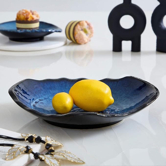 Large Ceramic Decorative Bowl – Blue Reactive Glaze Centerpiece Bowl, Modern Coffee Table Decor Dish, Entryway Catchall Key Bowl, Decorative Fruit Bowl for Dining Table Living Room (12” Dish)