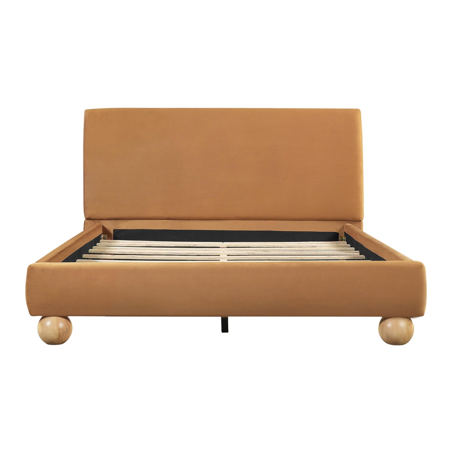 Christopher Knight Home Noko Velvet Upholstered Queen Bed Frame with Headboard, Platform Bed Frame Queen Size and Round Solid Wood Legs, Wooden Slats Support Bedframe, No Box Spring Needed, Brown