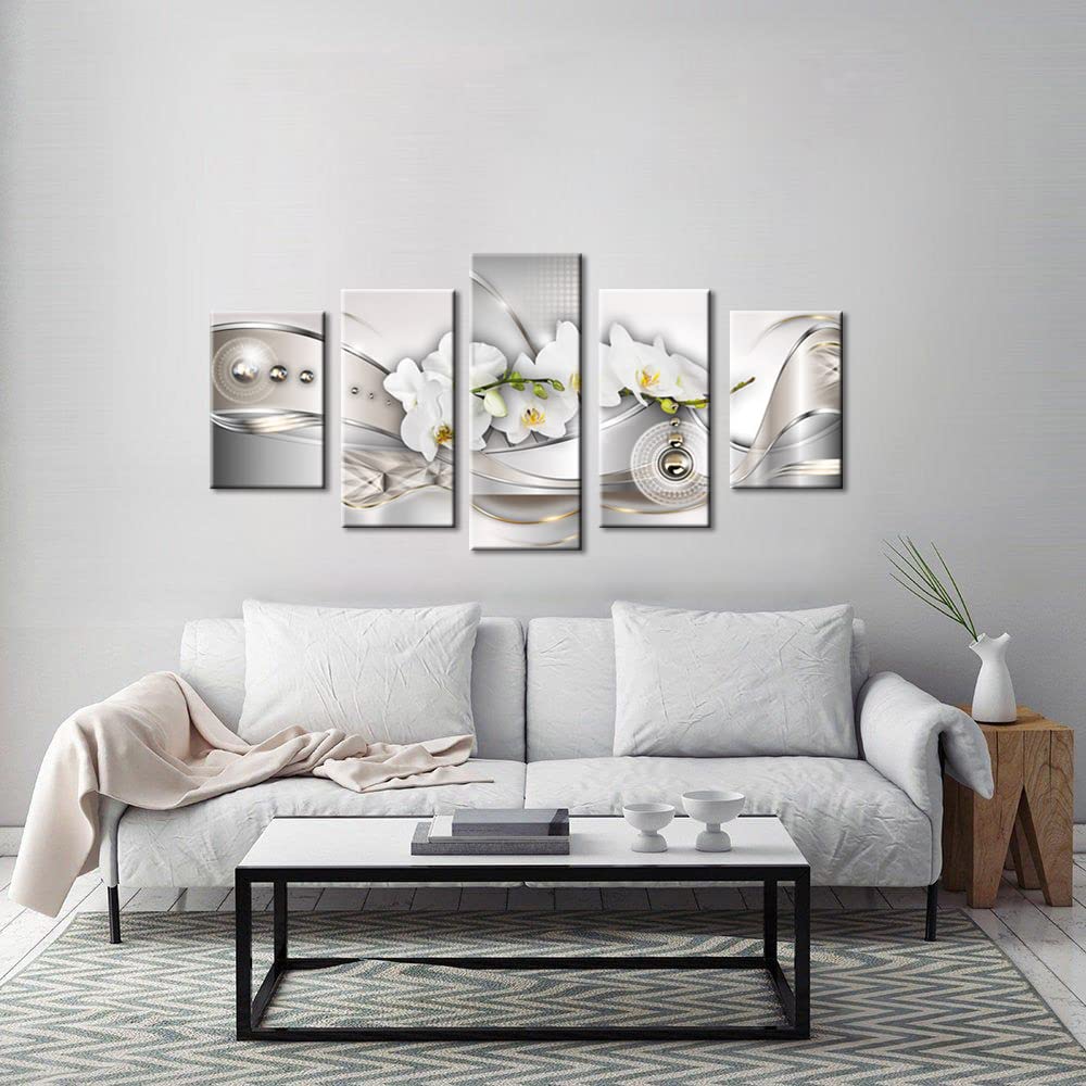 Vibrant Flower Pearl Orchids Canvas Wall Art Modern Decor 5 Pieces Print Painting White Floral HD Picture Bedroom Living Room Framed Ready to Hang