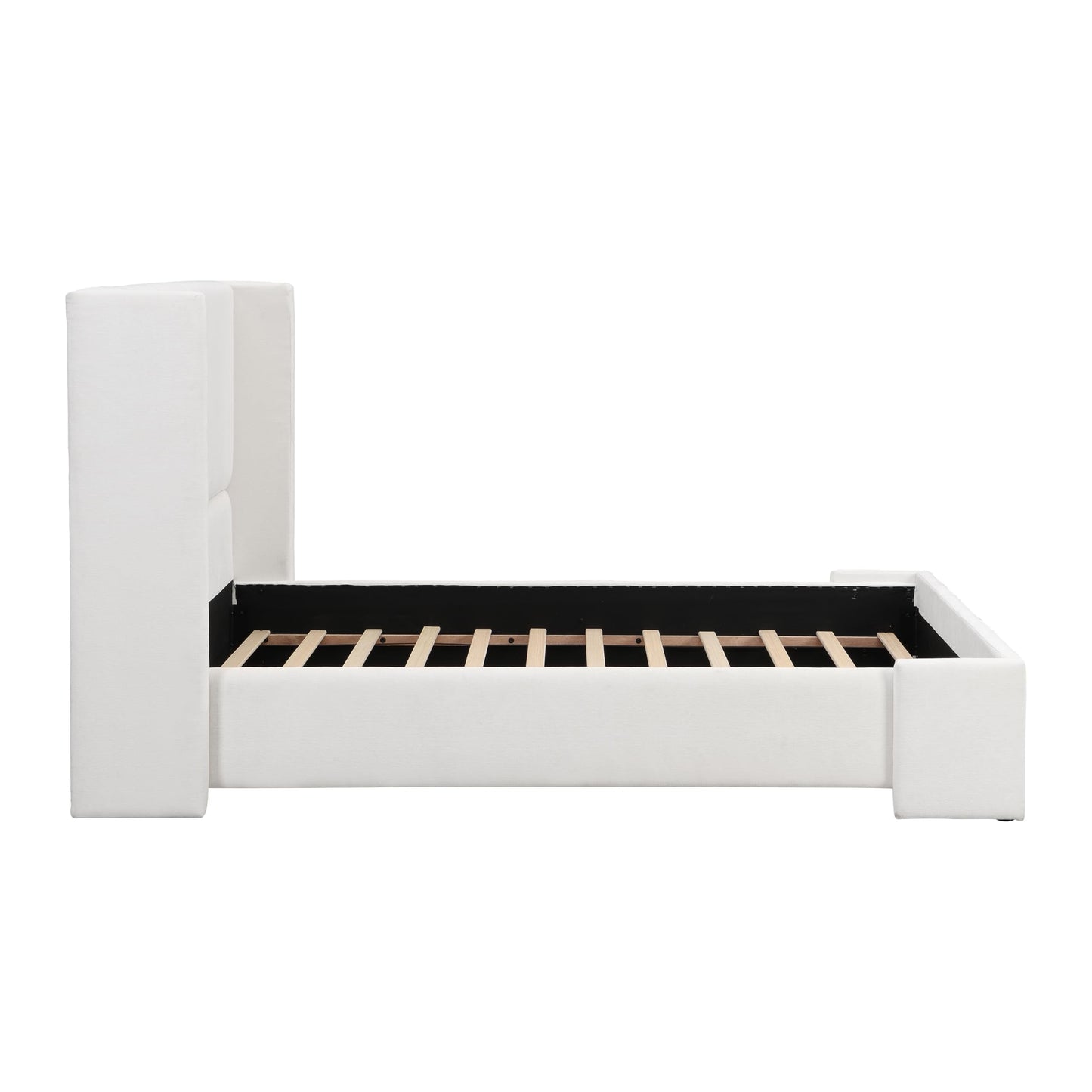 Merax Queen Size Bed Frame, Elegant White Upholstered Platform Bed with 41.1" Tall Wingback Headboard for Bedroom, Solid Wood Slats Support, No Box Spring Needed, Easy Assembly