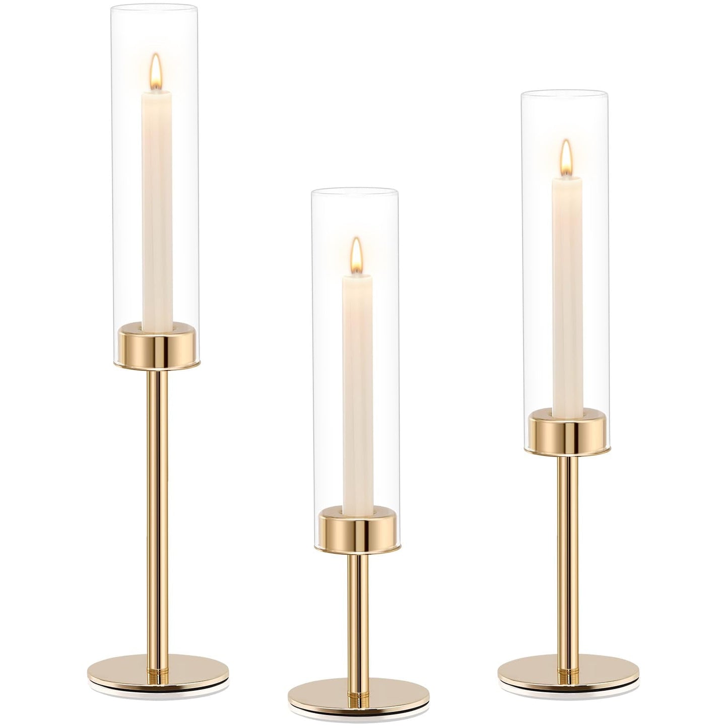 Gold Hurricane Candle Holders Set of 3, Tall Metal & Windproof Glass Taper Candle Holders, Brass Candlesticks Holder Decorations, Table Centerpieces for Weddings, Christmas, Parties, Fireplace Decor
