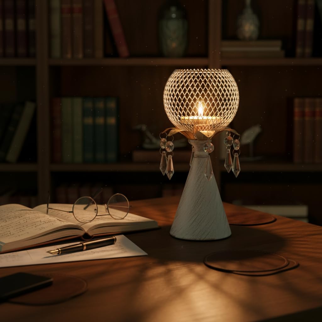 CAUWSAI White Gold Metal Mesh Candle Holder with Crystal Pendants, 9.0" Decorative Pedestal Design, Diamond Globe Top, Matte Finish, Candlestick for Home and Holiday Decor & Valentine's Day