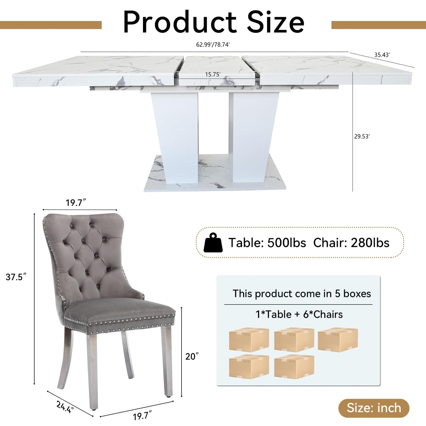 Henf 7 Pieces Faux Marble Dining Table Set for 6, 63"-79" Extendable Dining Room Table and 6 Grey Tufted Chairs Set for 6, Modern Large Expandable Kitchen Table with White Double Columns Base