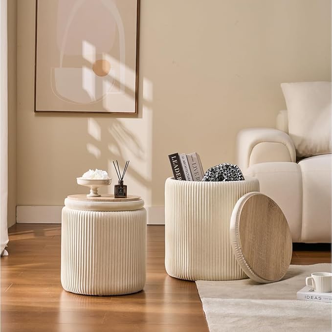 BLEXA Round Set of 2 Ottoman with Storage-Upholstered Velvet Vanity Stool for Makeup Multifunctional Ottomans Coffee Table Padded Seat Foot Rest for Living Room&Bedroom(White)