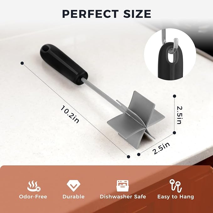 304 Stainless Steel Meat Chopper & Masher, Coinicxcel 10 Inch Heat Resistant Ground Beef Chopper Tool with 6 Curve Blades & Ergonomic Non-Slip Handle, Heavy-Duty Hamburger Smasher Tool Dishwasher Safe