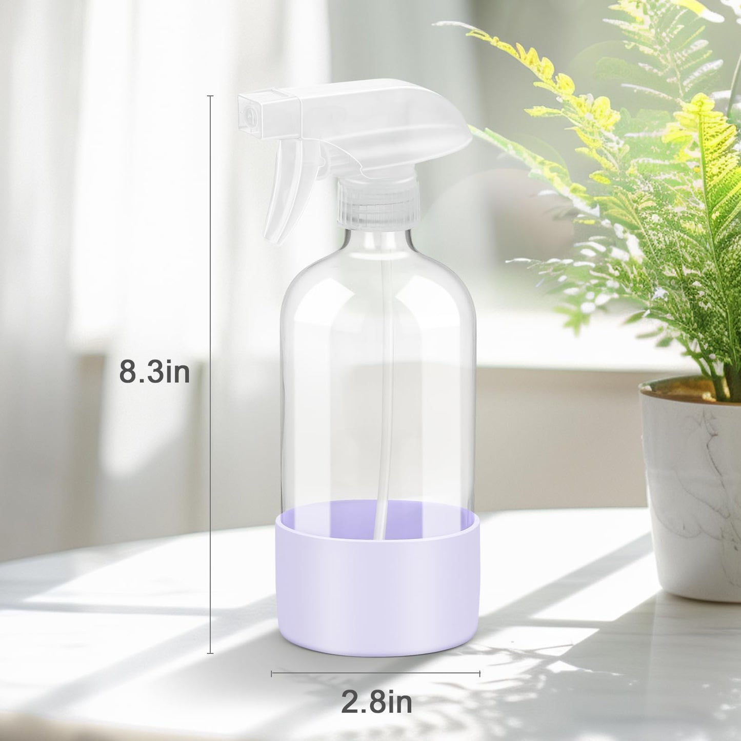 Worldgsb 2 Pack Glass Spray Bottles with Silicone Sleeve, 16 oz Empty Refillable Containers with Adjustable Spray Nozzles, Spray Bottles for Hair, Cleaning Solutions and Plants Purple