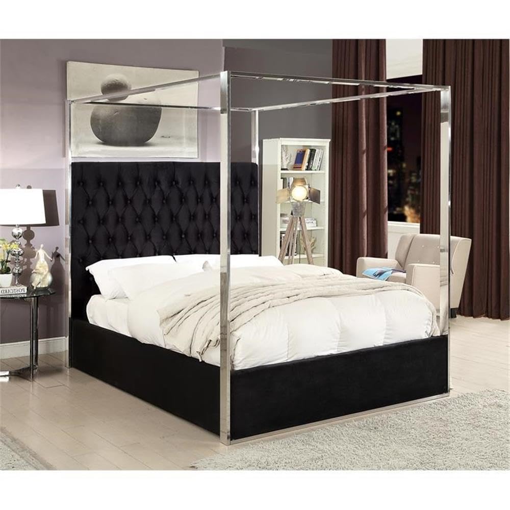 Meridian Furniture Porter Collection Modern | Contemporary Velvet Upholstered Bed with Deep Detailed Tufting and Chrome Canopy, Black, King