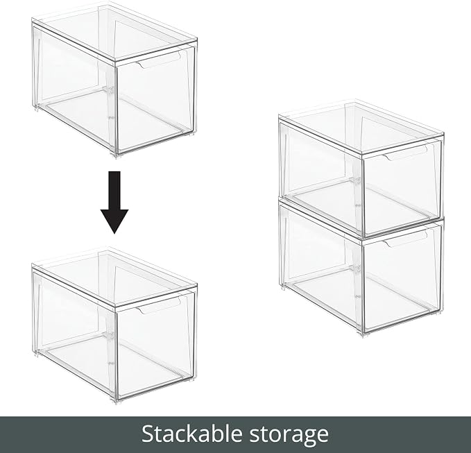 mDesign Plastic Stackable Bathroom Storage with Pull Out Bin Organizer Drawer for Cabinet, Vanity, Shelf, Cupboard, Cabinet, or Closet Organization - Lumiere Collection - 4 Pack - Clear