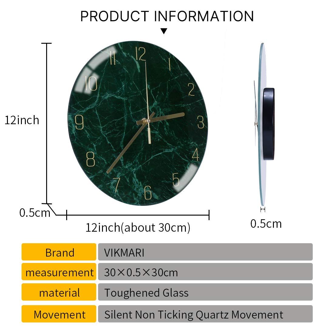 VIKMARI Glass Wall Clock Silent Non Ticking Wall Clock- 12 Inch Quality Quartz Battery Operated Round Easy to Read Home/Office/Classroom/School Clock (Dark Green)
