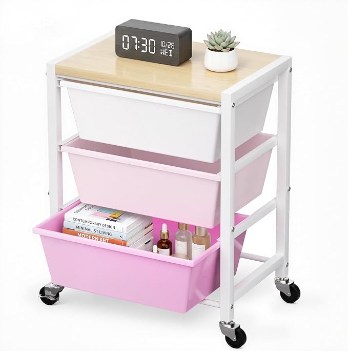 Rolling Cart with 3 Drawers, Plastic Drawer Storage Carts with Lockable Wheels & Wooden Tabletop, Metal Art Craft Utility Cart Organizer for Home Office Bedroom Dorm Bedside Classroom, Bright Pink
