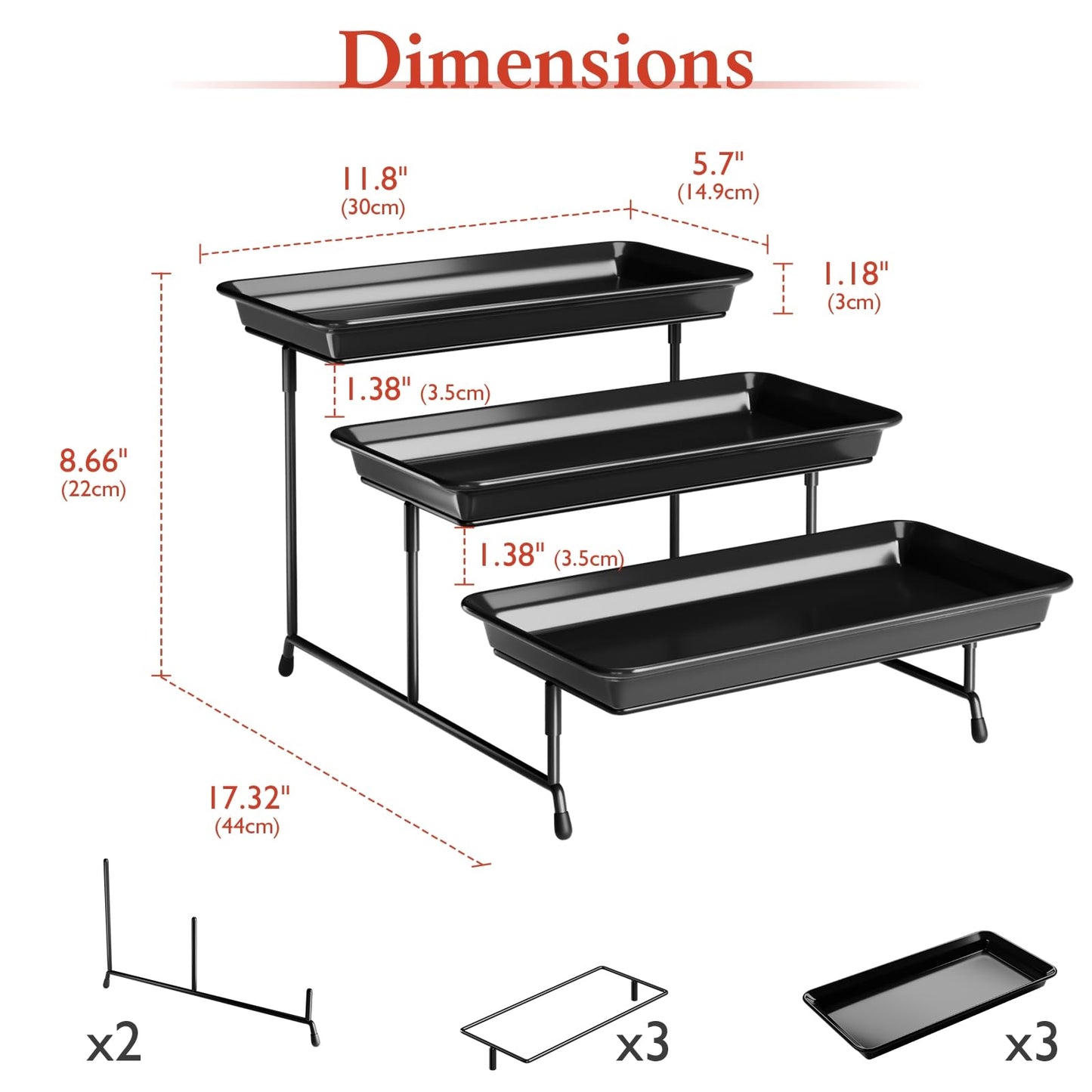 3-Tier Melamine Serving Tray Set, 11.5" x 5.6" Platters for Serving Food, Black Reusable Trays with Black Metal Display Stand for Cupcakes, Sevring Food, Dessert, Fruit, Cookie, Black