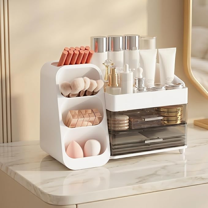 Brothersbox Makeup Organizer with Brush Holder for Vanity, Large Countertop Skincare Storage with 2 Drawers, Holds Lipsticks, Nail Polishes, Perfumes, Brushes - Gift for Women, White