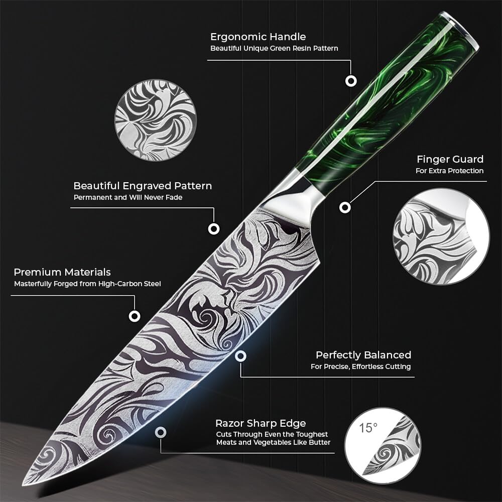 SENKEN Engraved Japanese Kitchen Knife Set with Beautiful Green Resin Wood Handles - Wasabi Collection - Chef's Knife, Bread, Cleaver, Paring, & More (16-Piece Knife Block Set)
