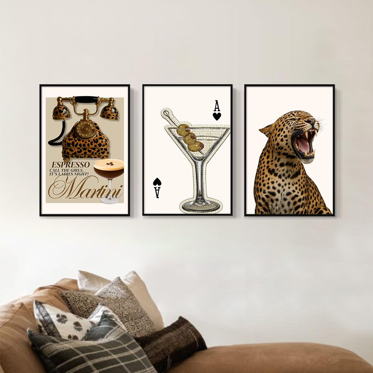 XMJJQQ Fashion Cheetah Painting Poster, Leopard Telephone & Espresso Martini Canvas Wall Art, Spade Poker Cocktail Picture Bar Cart Wall Decor, Set of 3 Chic Girly Dorm Bedroom Print 8x12in Unframed